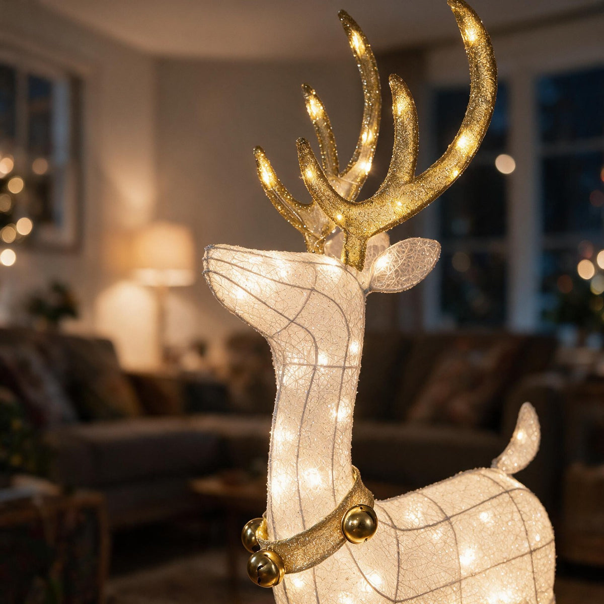 Snow-white reindeer gold antlers, collar and bells
