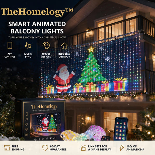TheHomelogy Smart Animated Balcony Lights showing Santa and a Christmas tree, with box, controller, remote and app