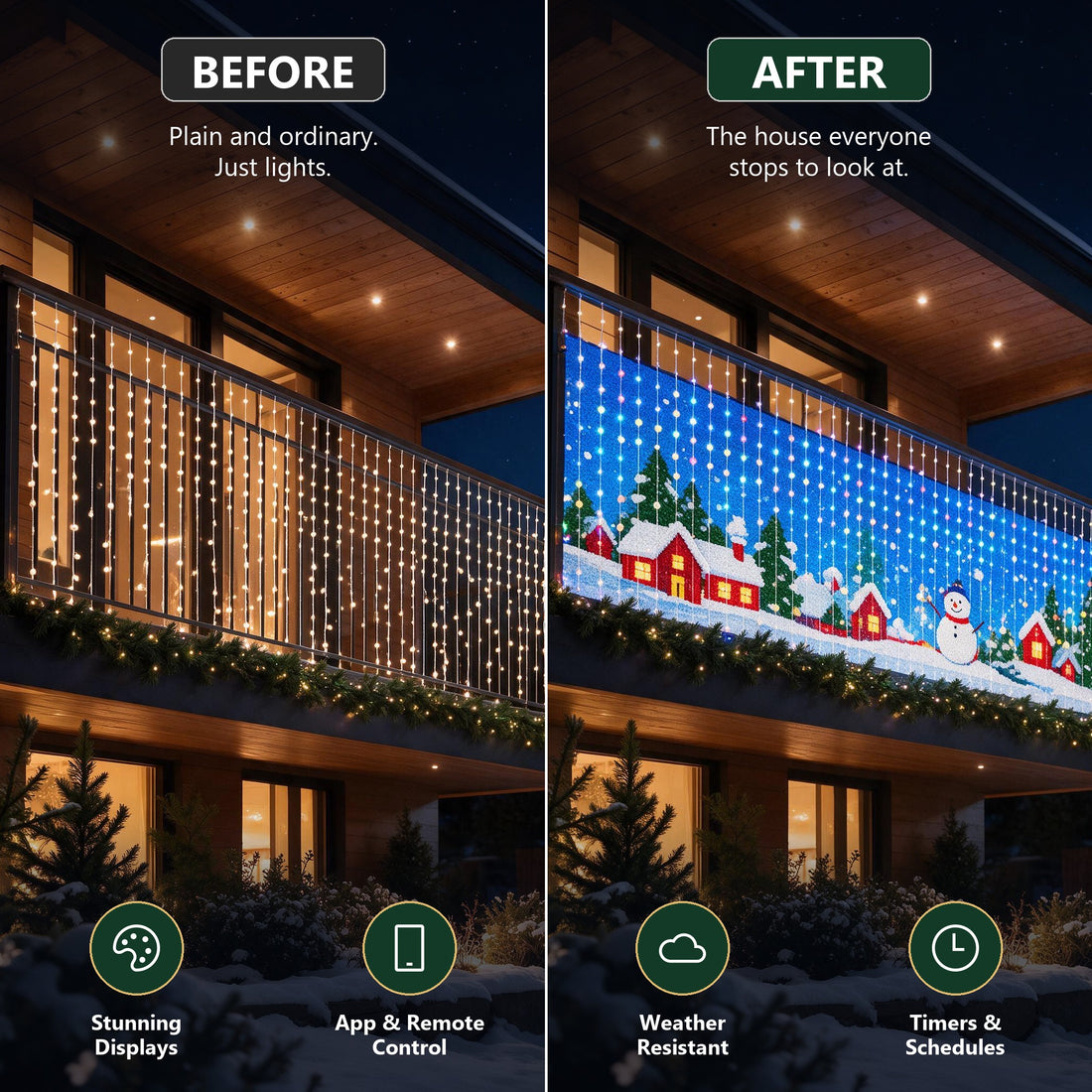 Balcony before and after the smart animated lights