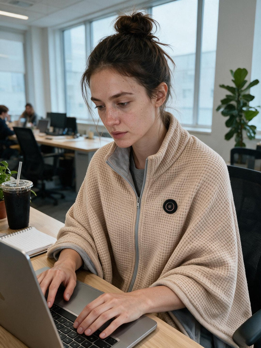 Woman warm at her desk in an Apricot HearthWrap
