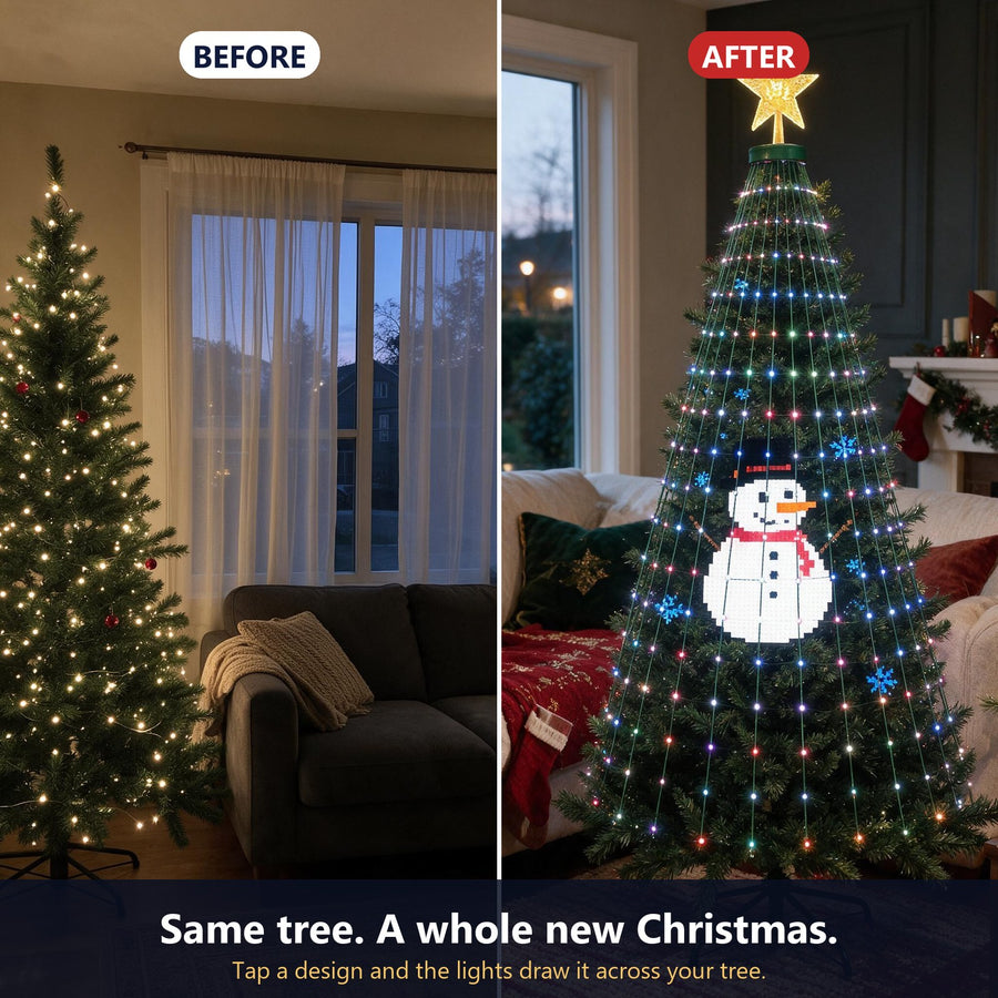 Christmas tree before and after the picture-drawing tree lights