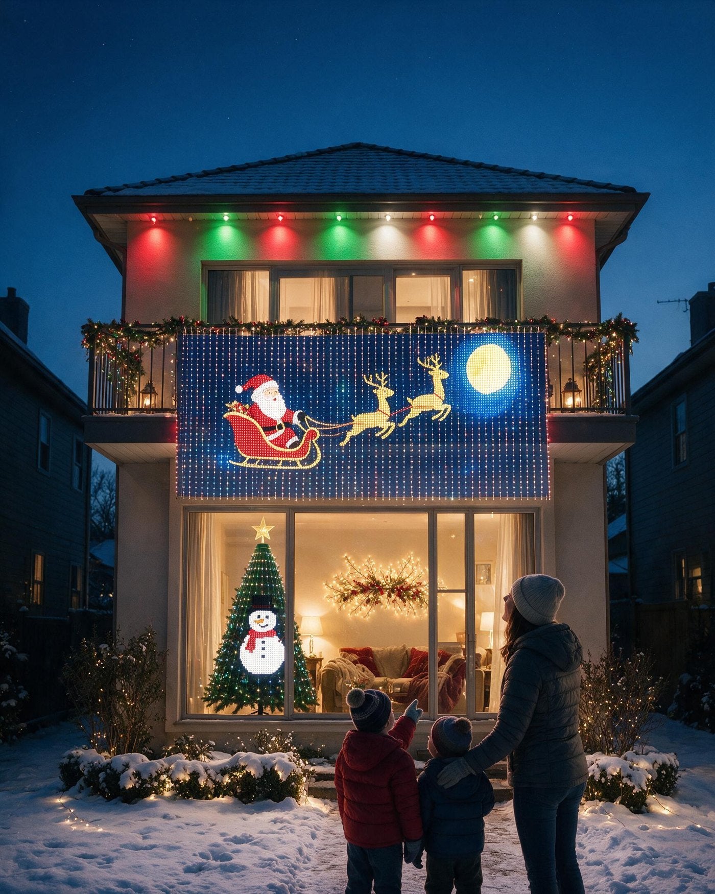 A family home lit up with smart roofline lights, an animated balcony light display, a picture-drawing Christmas tree and a glowing wall light