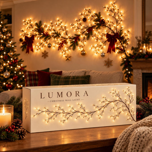 TheHomelogy Lumora Christmas wall light glowing across a living room wall