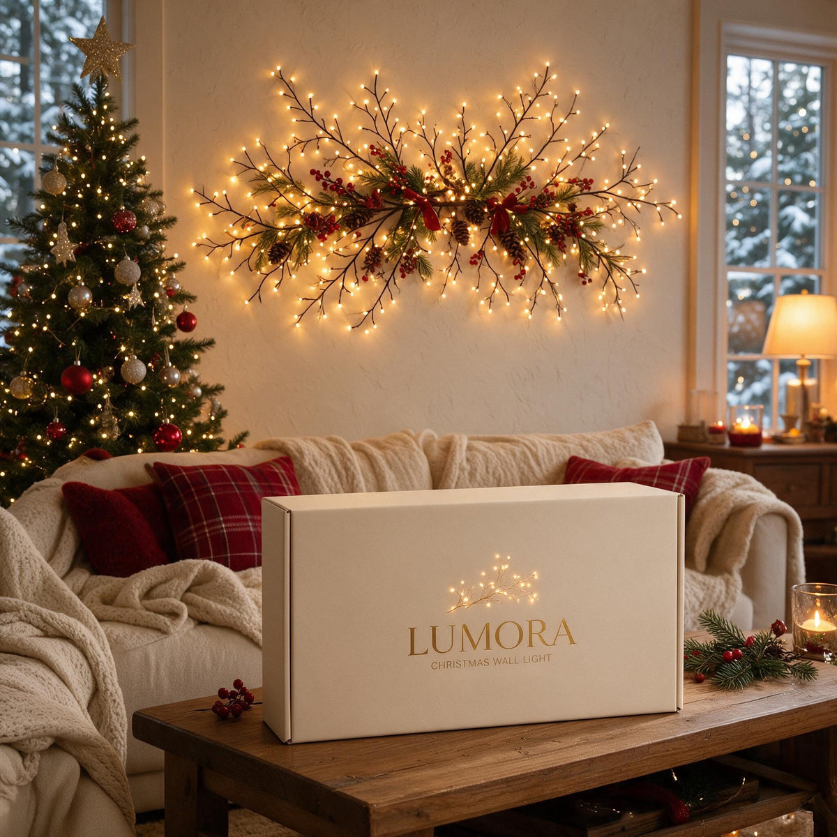 TheHomelogy Lumora Christmas wall light glowing above a sofa