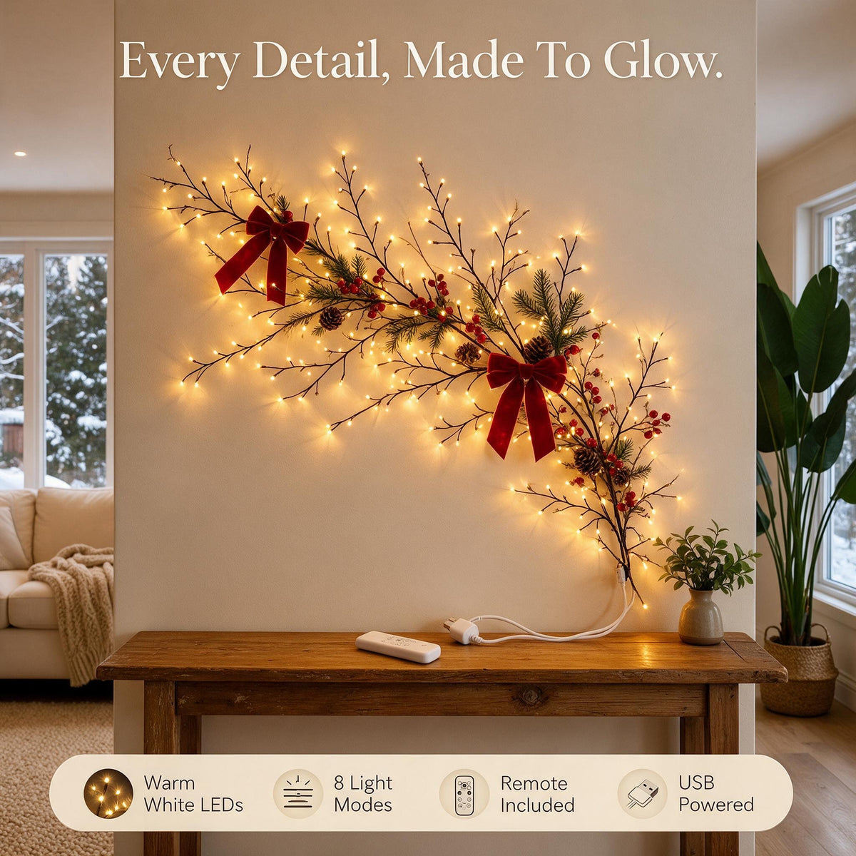 Warm white LEDs, 8 light modes, remote, USB powered
