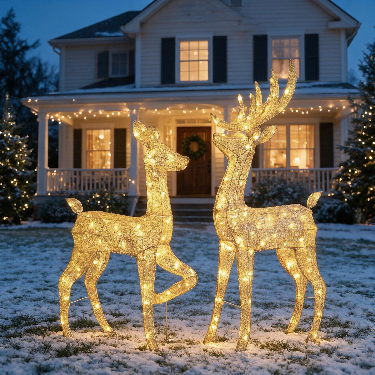 Golden lighted Christmas reindeer buck and doe glowing on a snowy front lawn