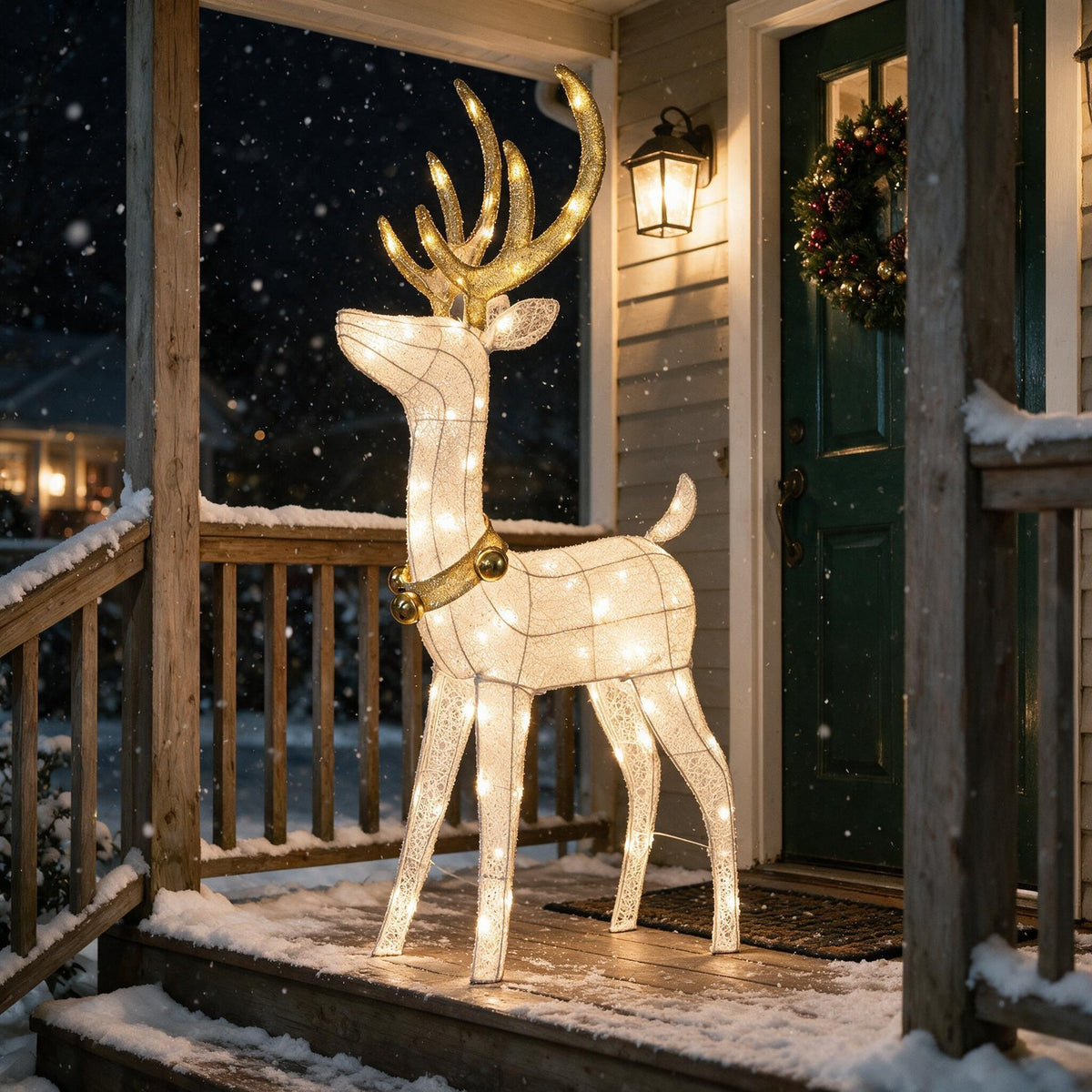 Snow-white lighted Christmas reindeer with gold antlers on a front porch