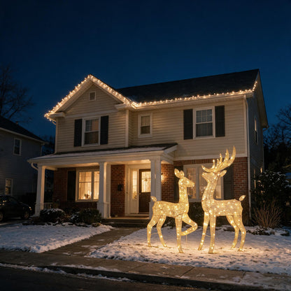 House at night with lighted reindeer on the lawn