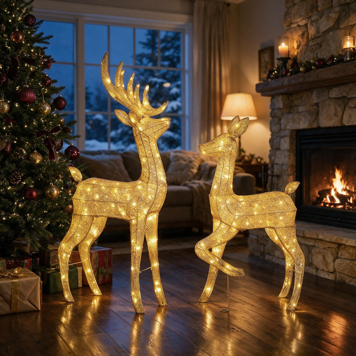 Lighted reindeer pair indoors by the Christmas tree