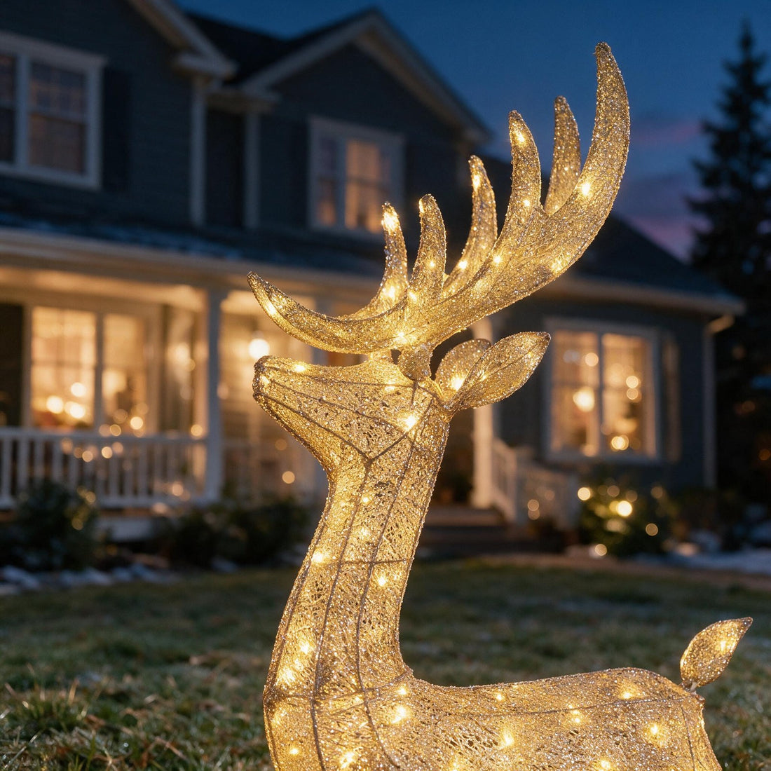 Close-up of glitter mesh antlers and warm LEDs
