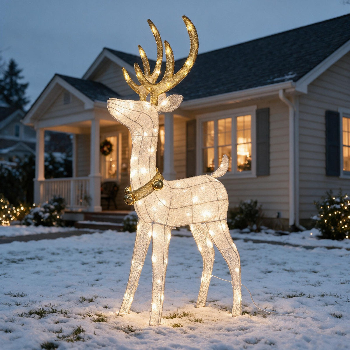 Snow-white lighted reindeer on a snowy lawn