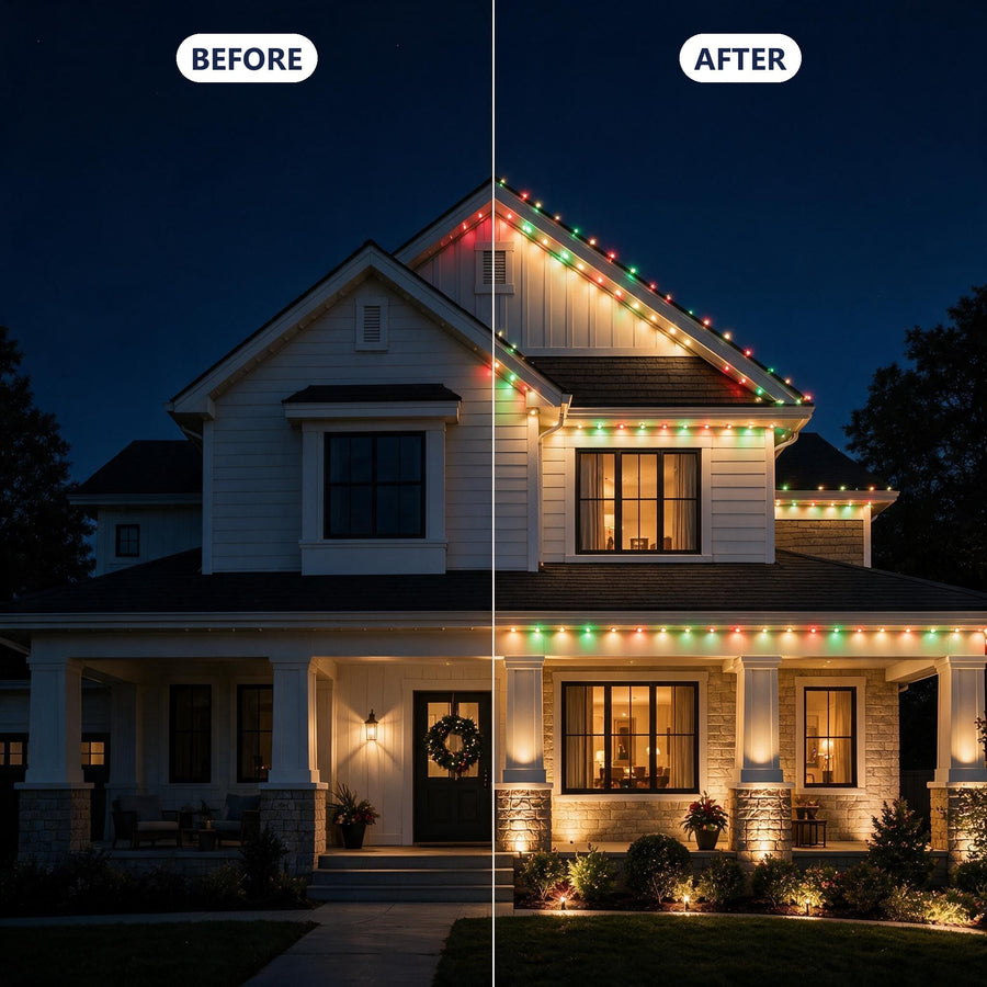 House roofline lit with smart outdoor lights