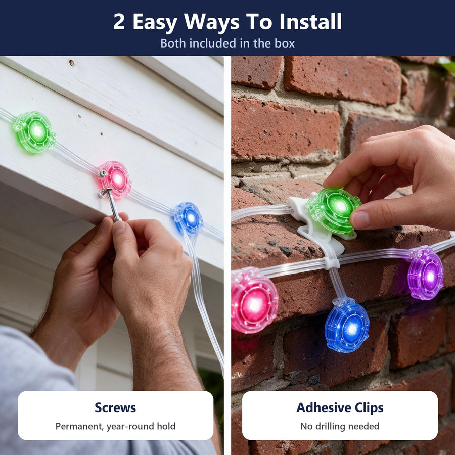 Install with screws or adhesive clips