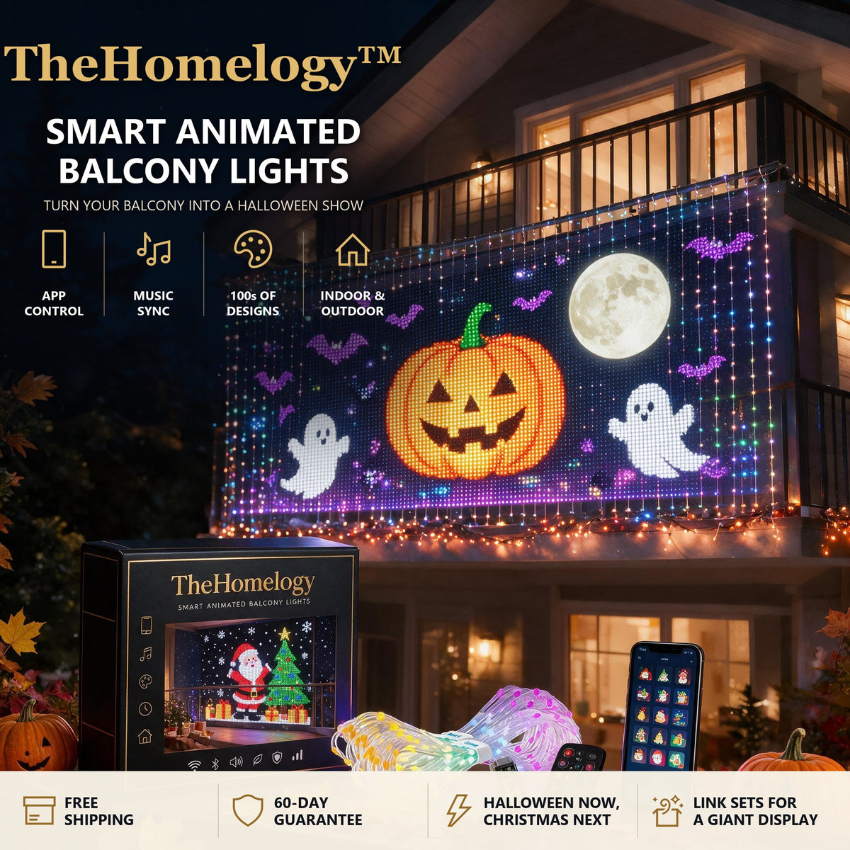 TheHomelogy Smart Animated Balcony Lights showing a Halloween jack-o'-lantern and ghosts, with box, controller, remote and app