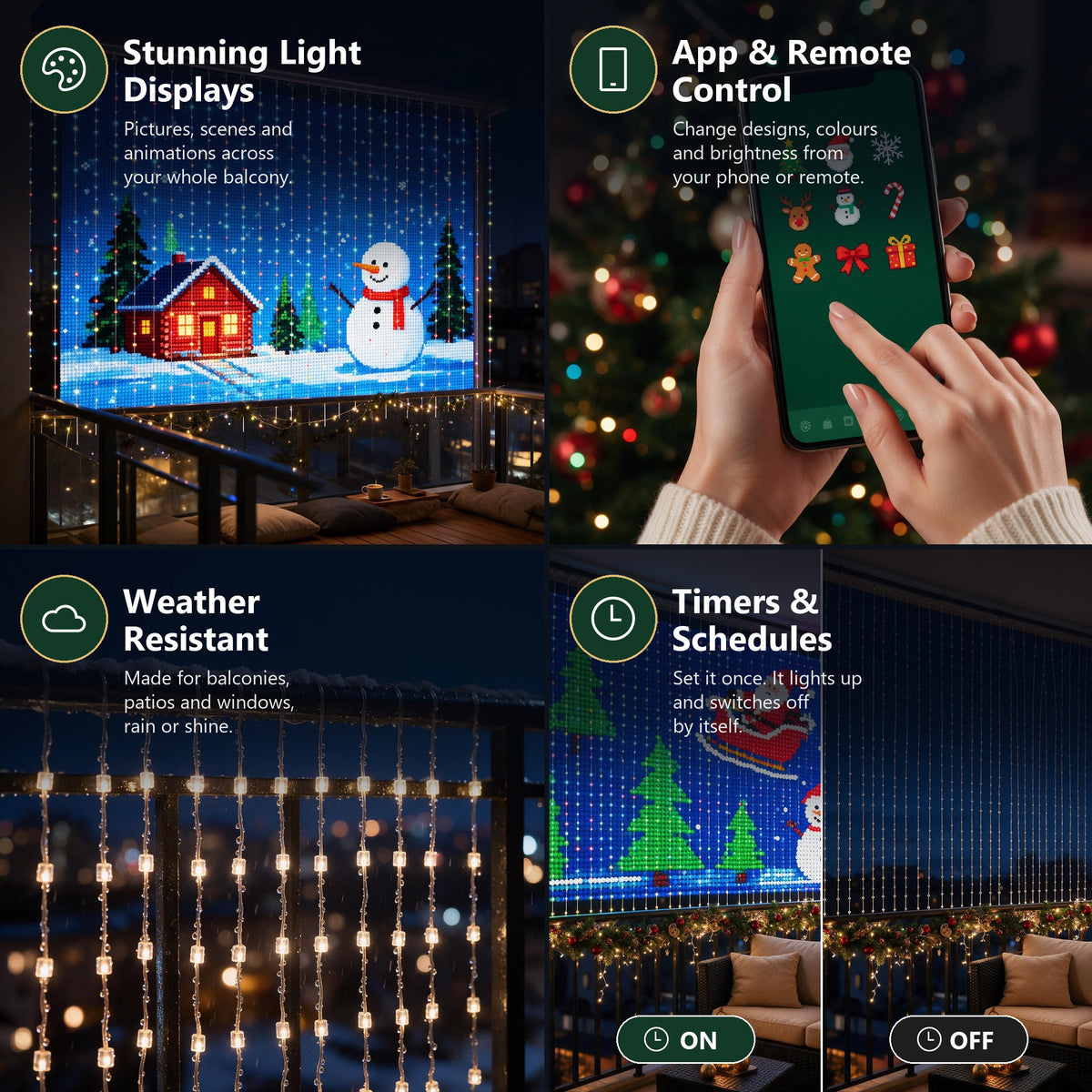 Stunning displays, app and remote control, weather resistant, timers