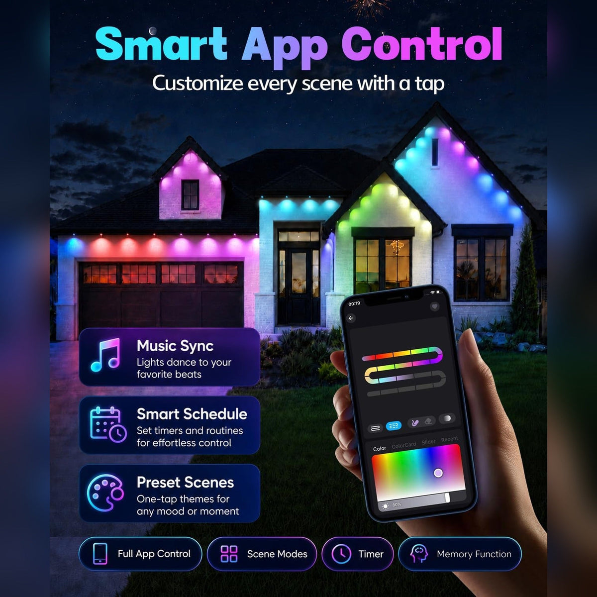 Smart app control with music sync, schedules and scenes