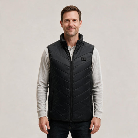 HearthVest Max heated vest worn by a man, black