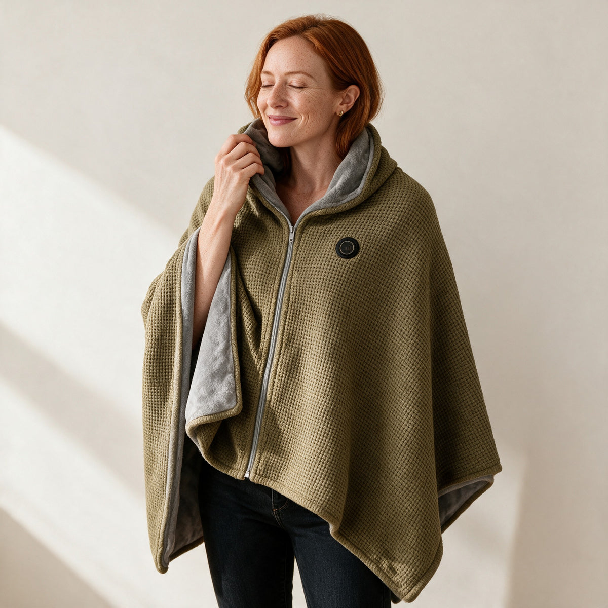 HearthWrap heated wearable blanket in olive green