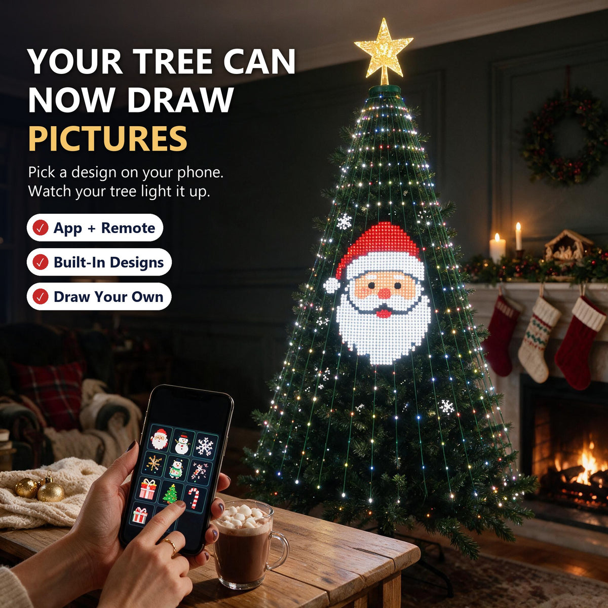 Yulora Christmas tree lights drawing a Santa picture, controlled from a phone