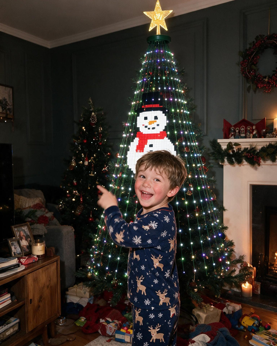 Child excited by the snowman on the Christmas tree