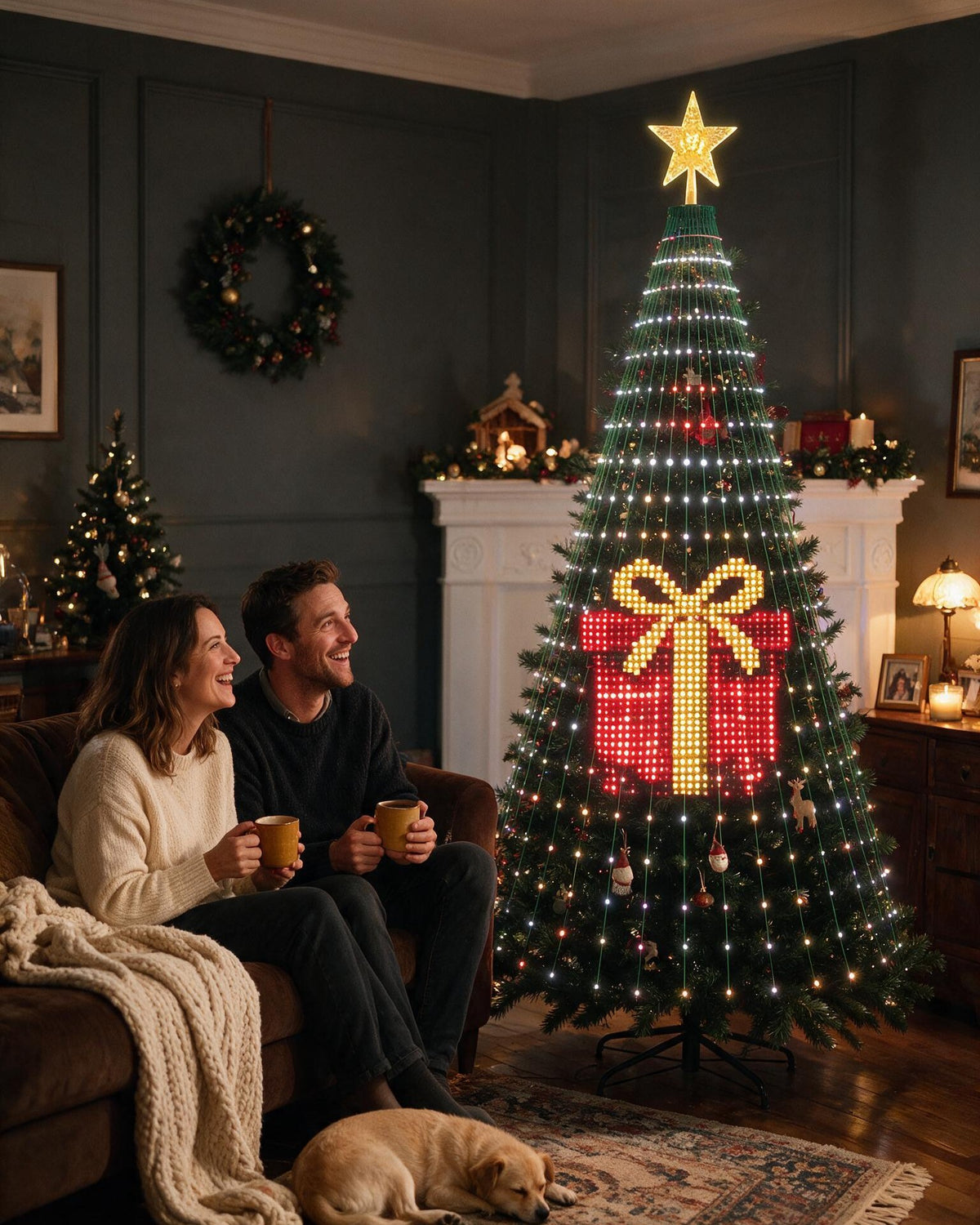 Couple relaxing next to a Yulora tree showing a gift picture